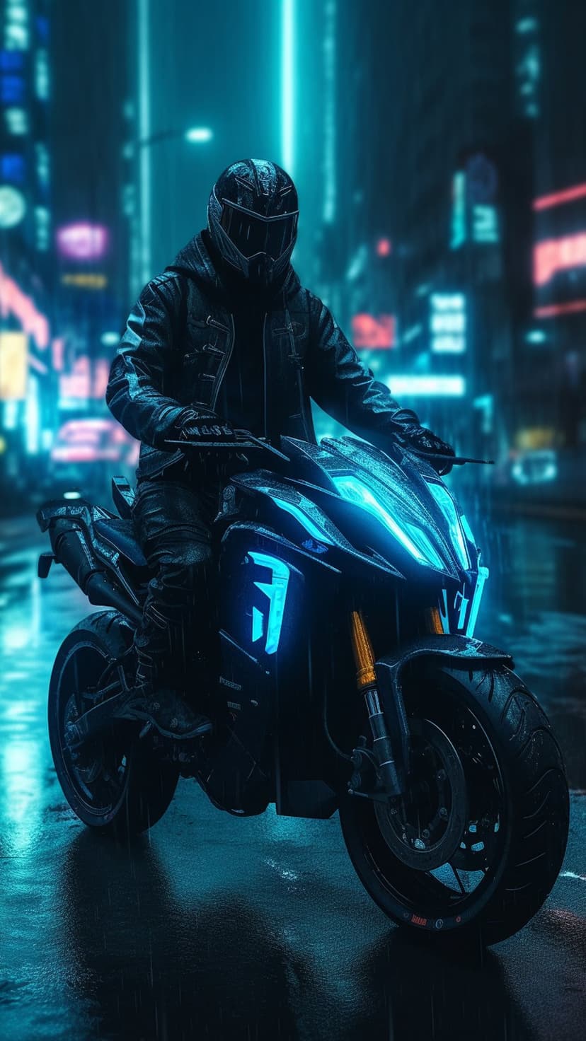 Cyberpunk rider on a glowing blue motorcycle travels through a rain-drenched street with vibrant neon signs.