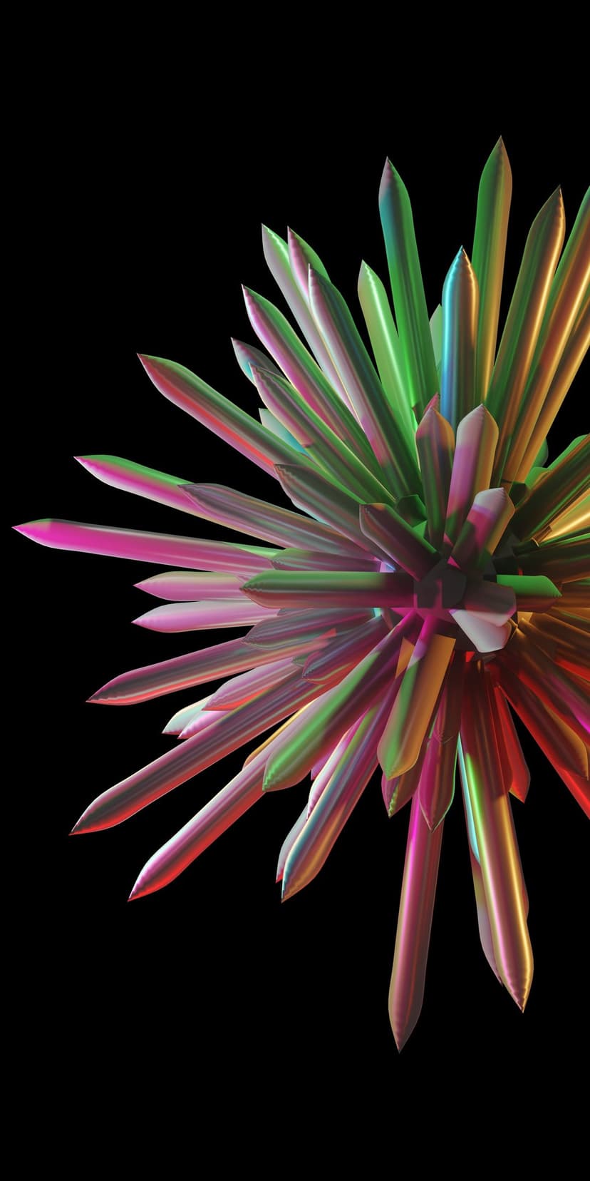 Iridescent crystal flower with pointed glass petals shimmering in pink and gold against a black background.