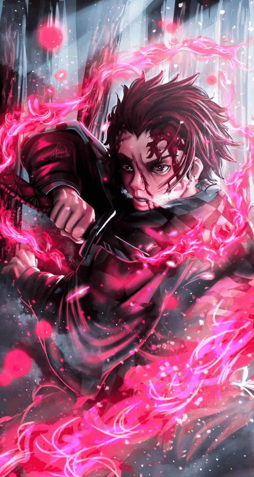 Tanjiro Kamado grips a glowing red sword while surrounded by swirling crimson energy and falling leaves in a forest.
