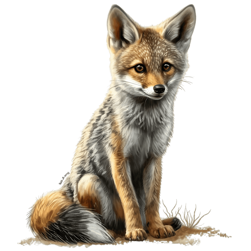 Fennec fox with large ears sits on sand against a black background in a detailed digital painting portrait.