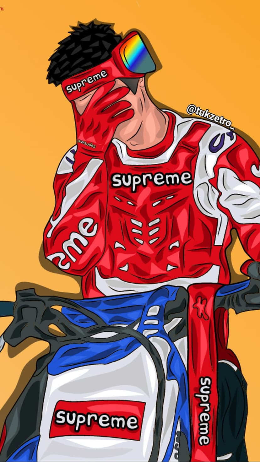 Motorcyclist in red racing gear with hands over face sits on a bike featuring bold white branding and black outlines.