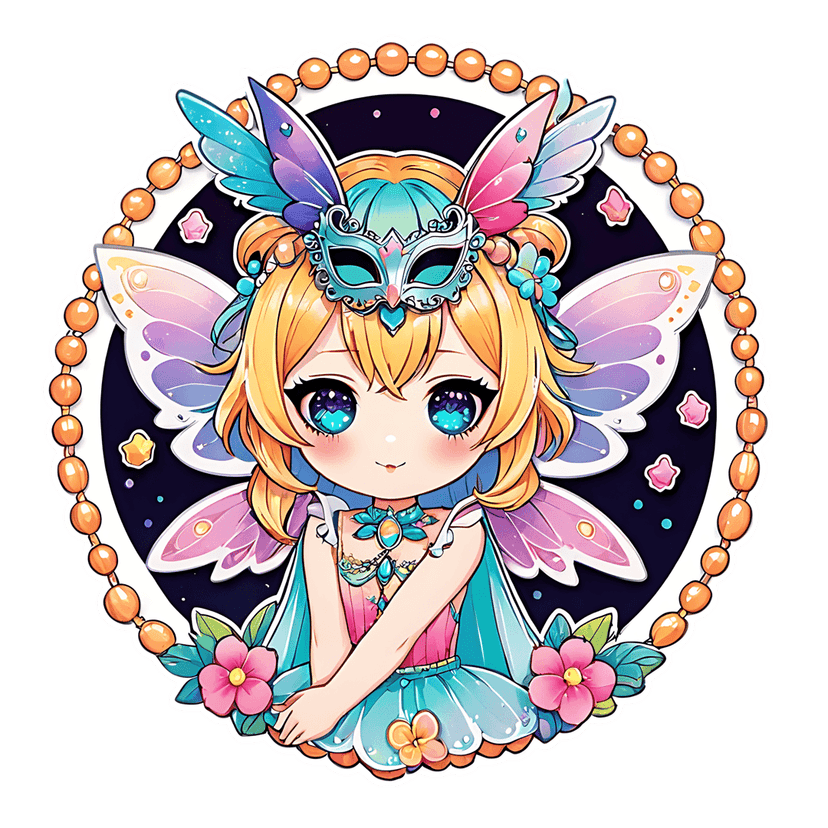 Chibi fairy sticker with a teal masquerade mask, iridescent pastel wings, and a circular orange beaded frame.