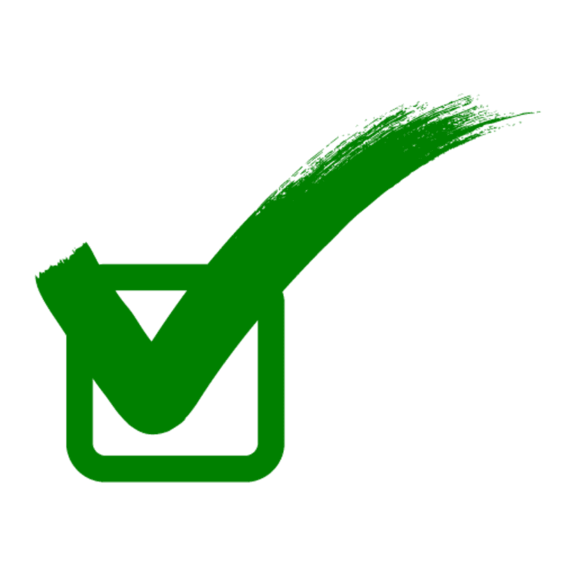 Green check mark inside a square box with a small leaf accent on a transparent background for UI validation.