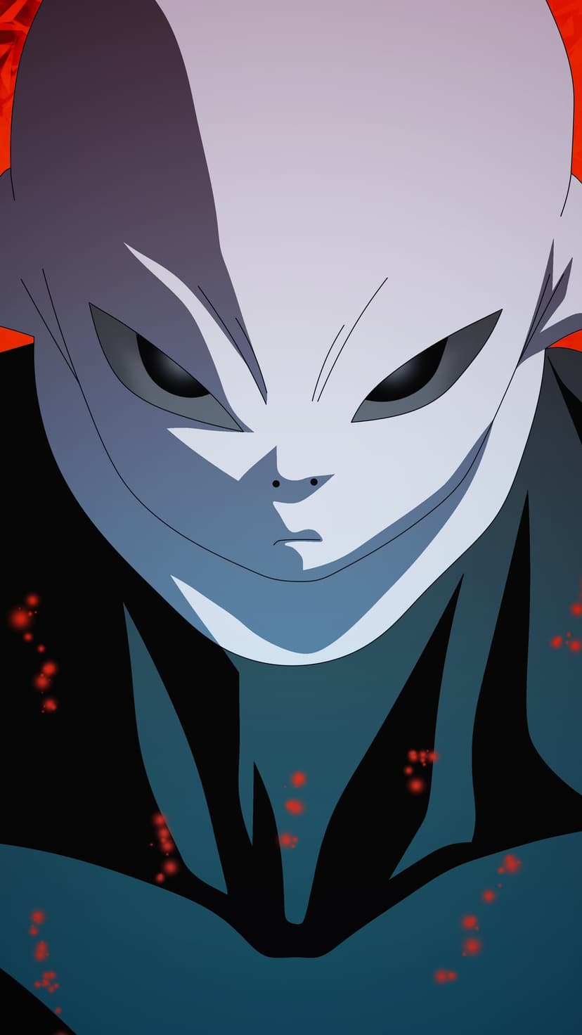 Jiren the Gray stares forward with black eyes and a stoic expression amidst floating red energy particles.