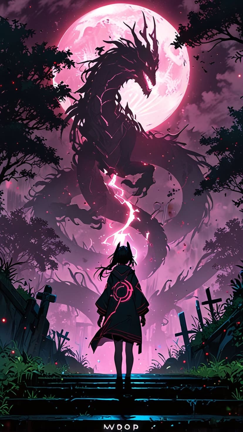 Cat-eared girl facing a giant dark dragon beneath a glowing pink moon and lightning in a misty forest scene.