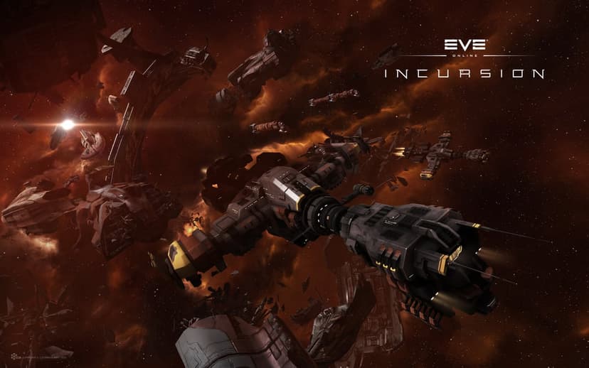 Industrial spaceships drift through a fiery orange nebula filled with floating debris and bright lens flares.