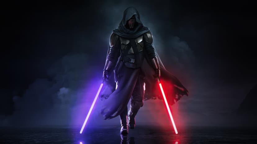 Masked warrior in a hooded cloak holding purple and red lightsabers amidst dark smoke and cinematic lighting.