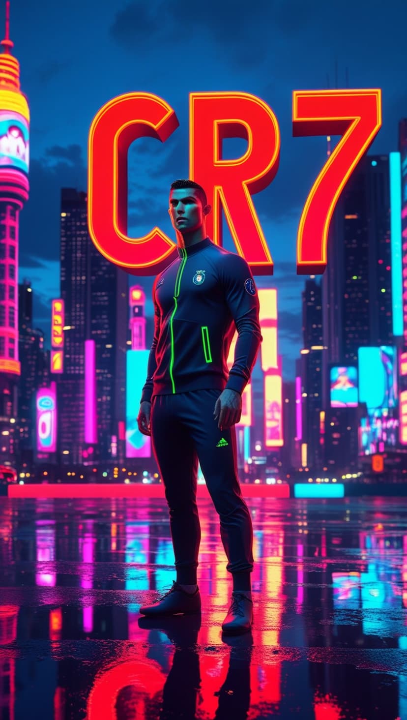 Cristiano Ronaldo stands before a glowing CR7 logo in a rainy neon city with purple and blue skyscraper lights.