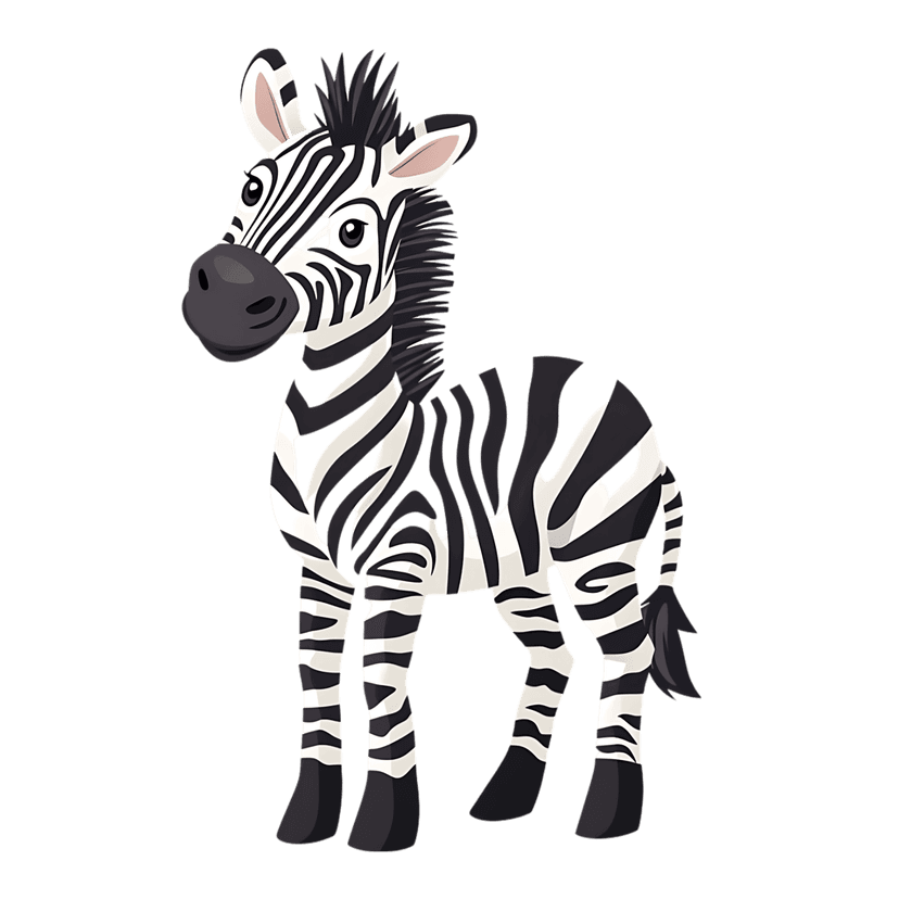 Zebra cartoon character with white stripes standing on a black background in a clean vector illustration style.