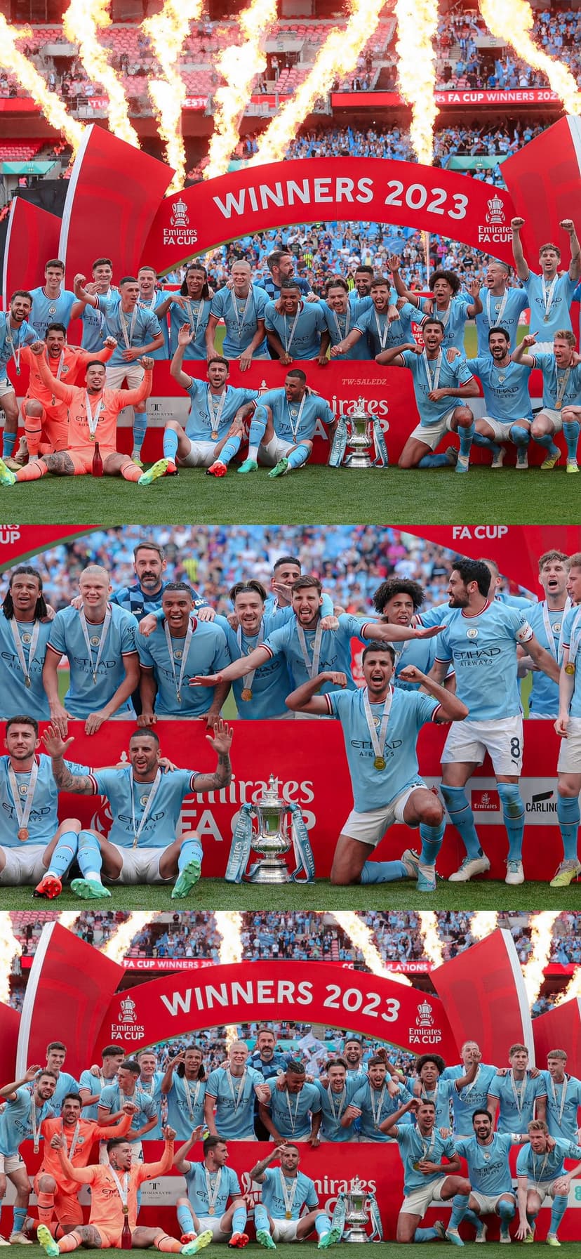 Manchester City football players in blue jerseys lift the FA Cup trophy surrounded by gold medals and stadium smoke.