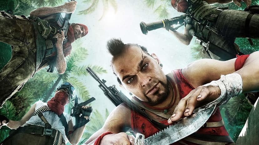 Vaas Montenegro and armed pirates look down at the camera in a sunny tropical jungle setting with weapons.
