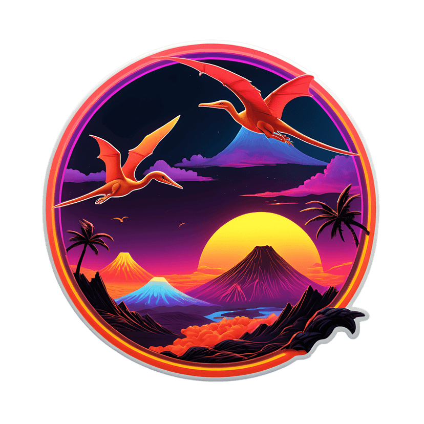 Orange pterodactyls flying over volcanic mountains and a blue river under a circular pink gradient sunset sky.
