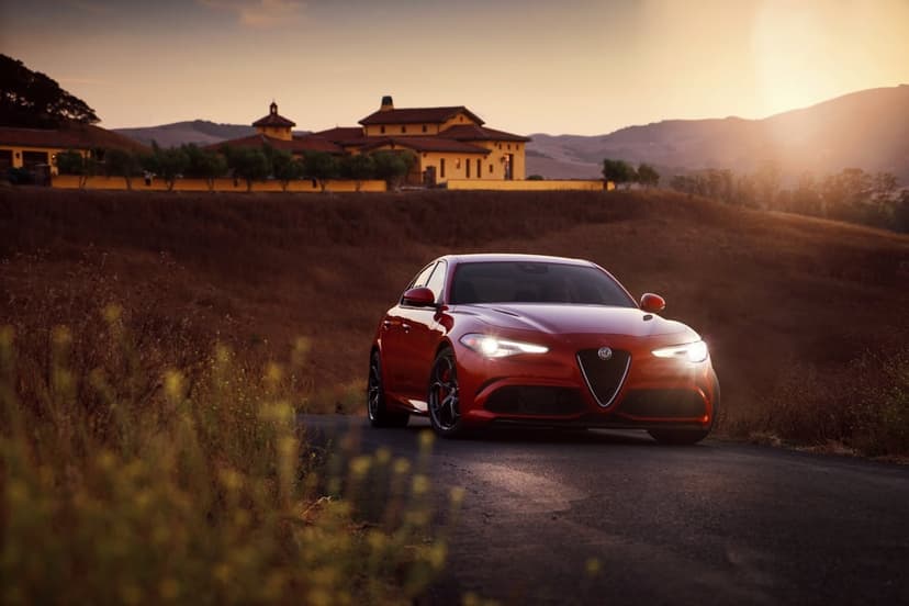Red luxury sports sedan on a winding road with headlights on against a golden sunset and hilltop villa.
