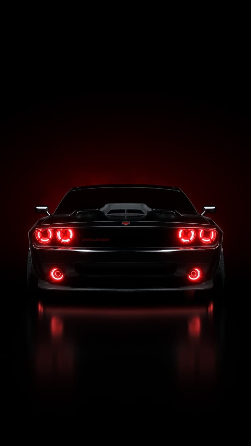 Black Dodge Challenger muscle car displays glowing red halo headlights against a dark crimson backdrop.