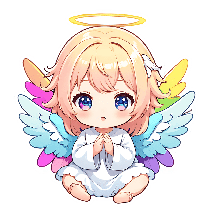 Chibi angel sticker featuring rainbow wings, golden halo, and praying hands against a white stroke border.