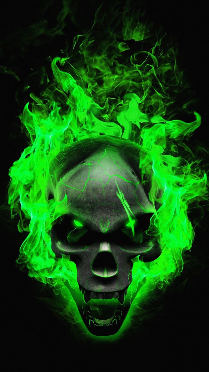 Human skull with deep bone fractures engulfed in swirling neon green flames against a pitch-black background.