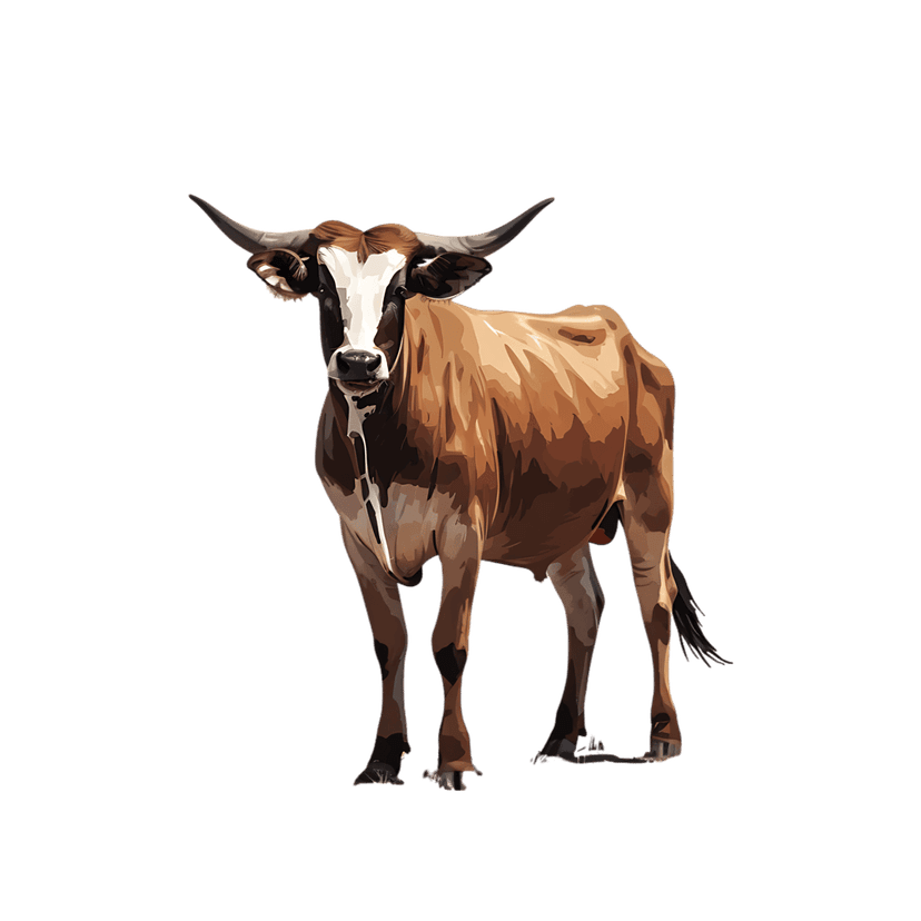 Brown and white cow illustration featuring curved horns and geometric patches against a black background.