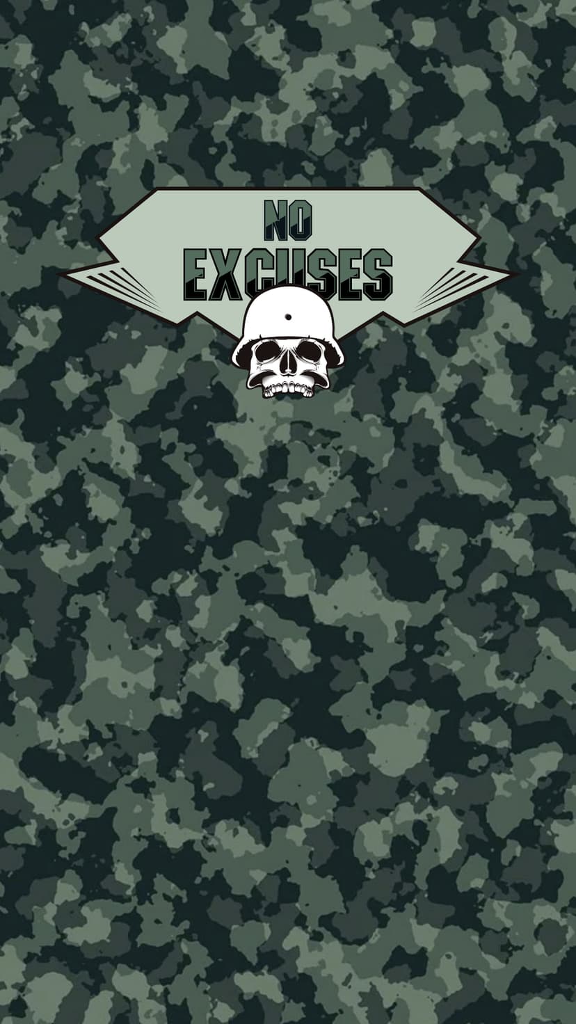 Skull in a military helmet with No Excuses text overlaying a dark green and black camouflage pattern.
