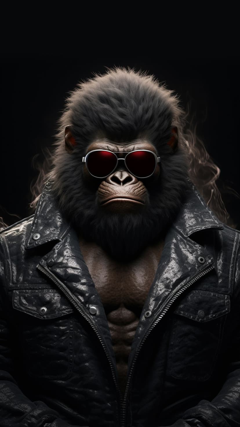 Gorilla wearing a black leather jacket and red sunglasses stares forward amidst swirling grey smoke.