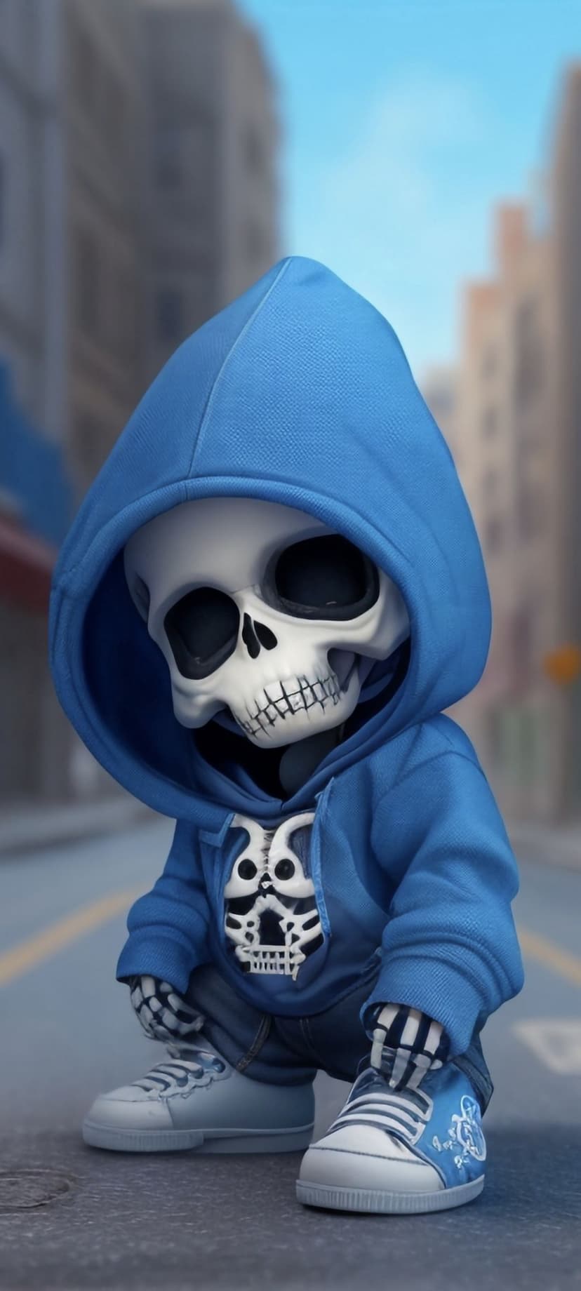 Cartoon skeleton wearing a blue hoodie and sneakers crouches on a sunlit urban street with a blurred city view.
