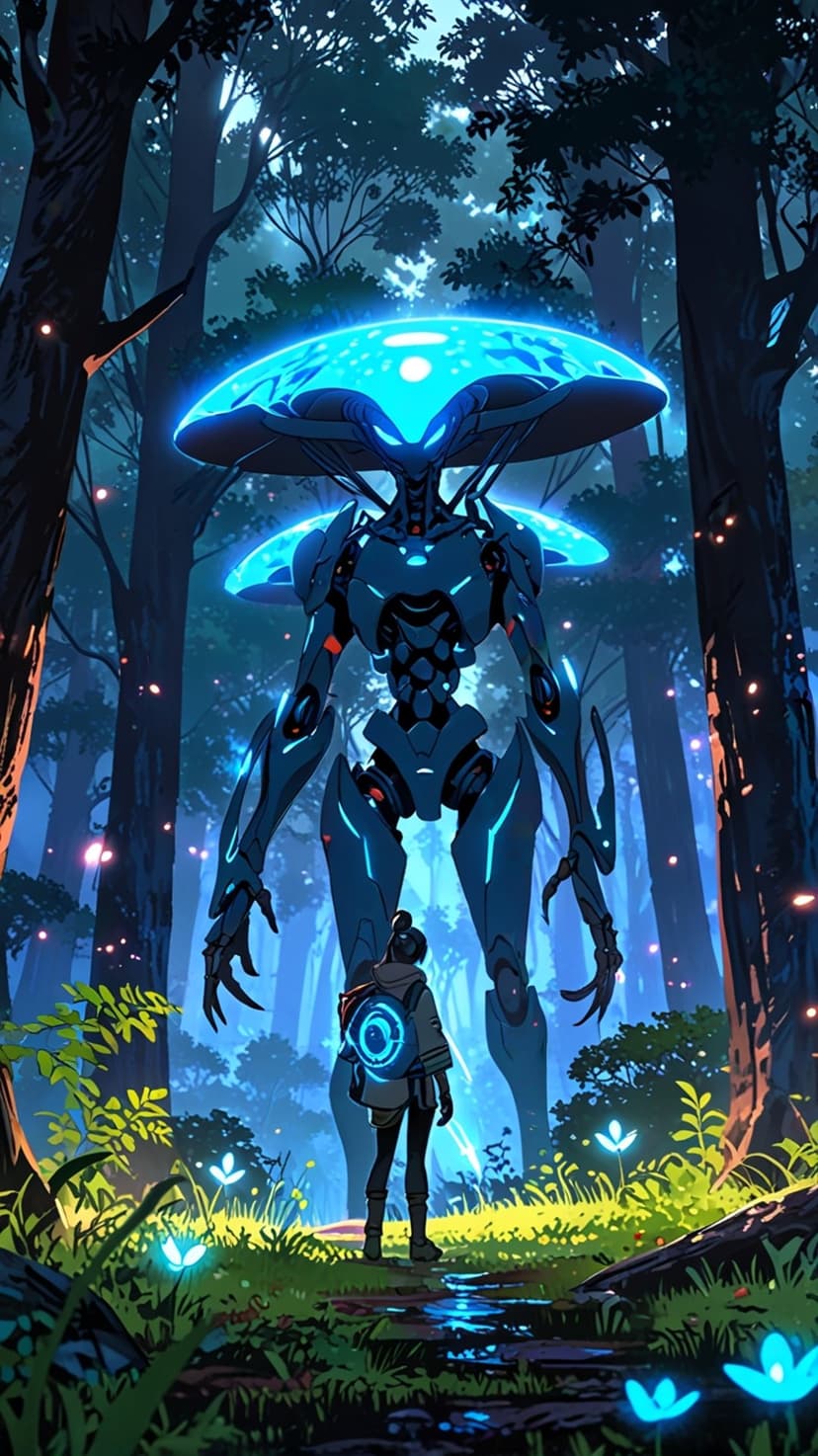 Colossal glowing blue robot towers over a lone traveler amidst luminous plants in a dark mystical forest.