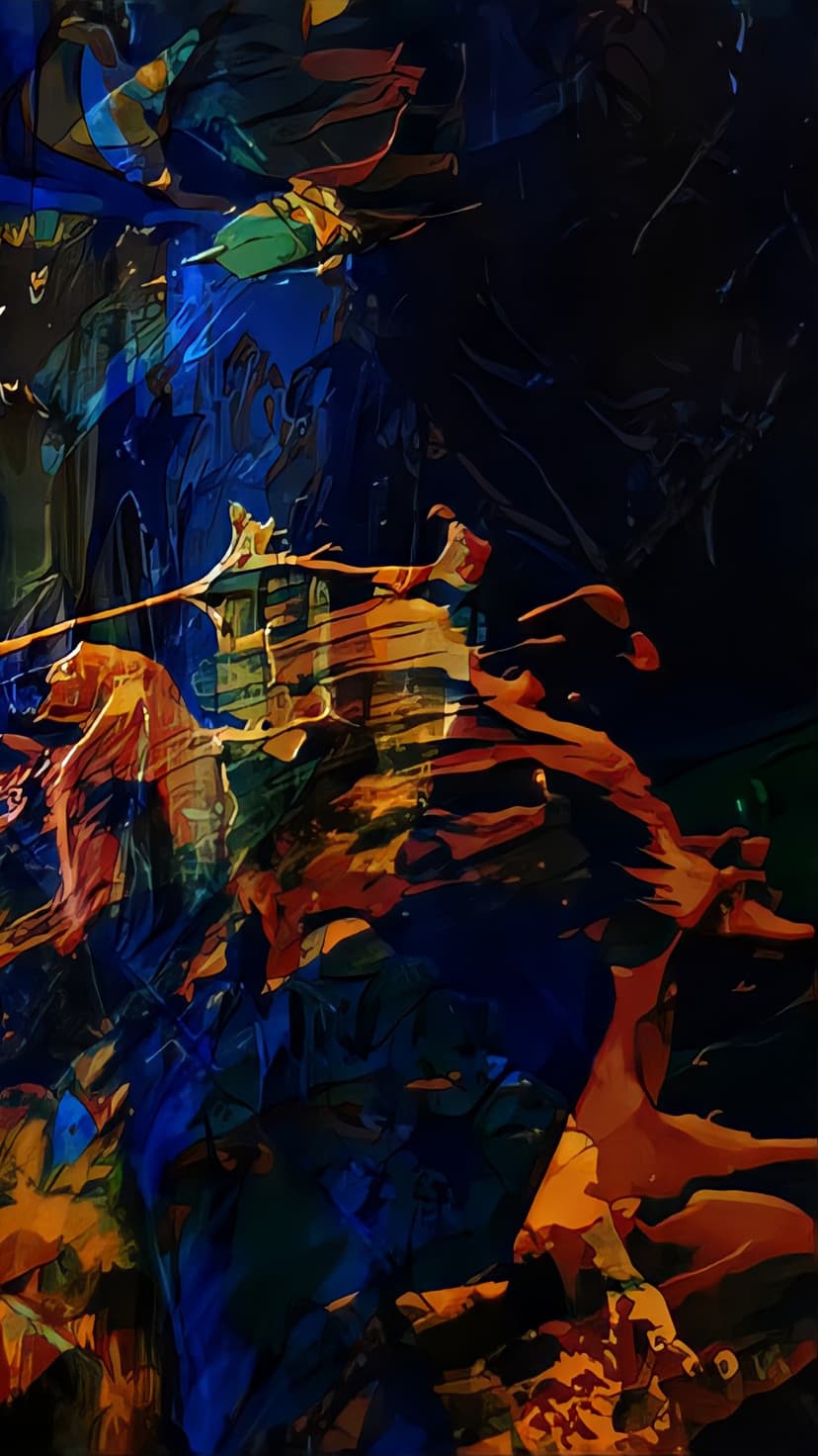 Swirling indigo and orange paint-like forms with textured edges and glowing light highlights in a vertical flow.