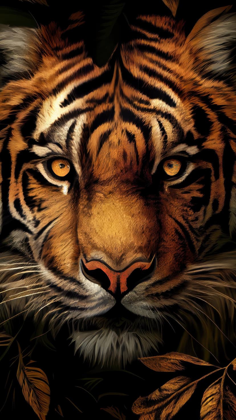 Bengal tiger face with glowing orange eyes and black stripes against a dark, blurred foliage background.