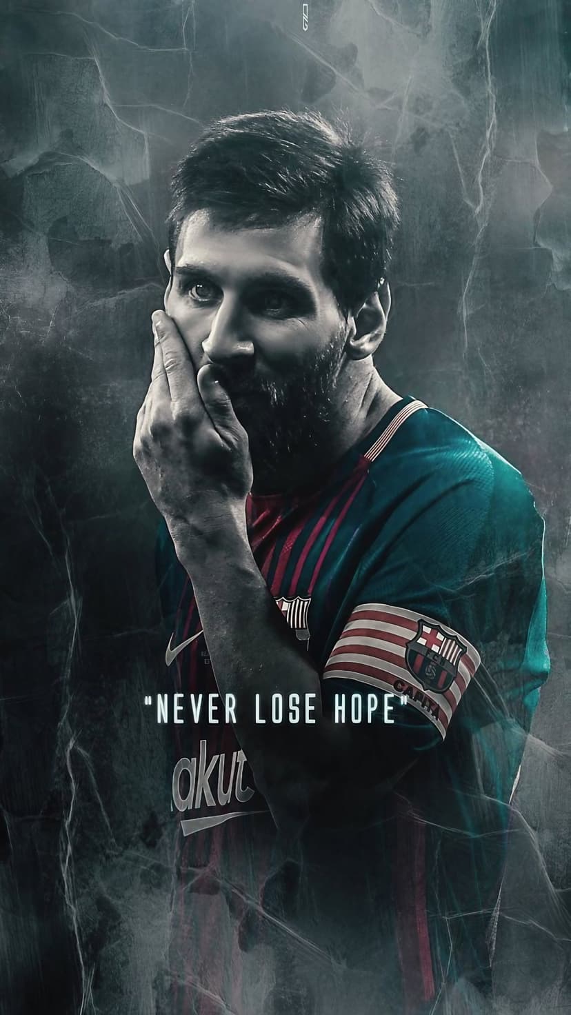 Lionel Messi stares thoughtfully against a dark textured background with the text Never Lose Hope inscribed.