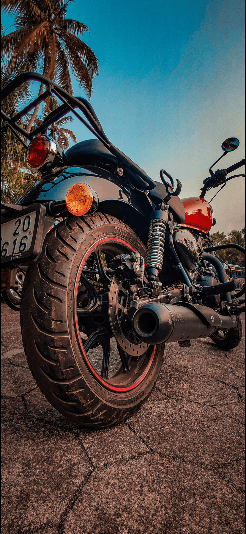 Rear motorcycle tire and chrome exhaust pipe with a red fuel tank under palm trees and a clear blue sky.