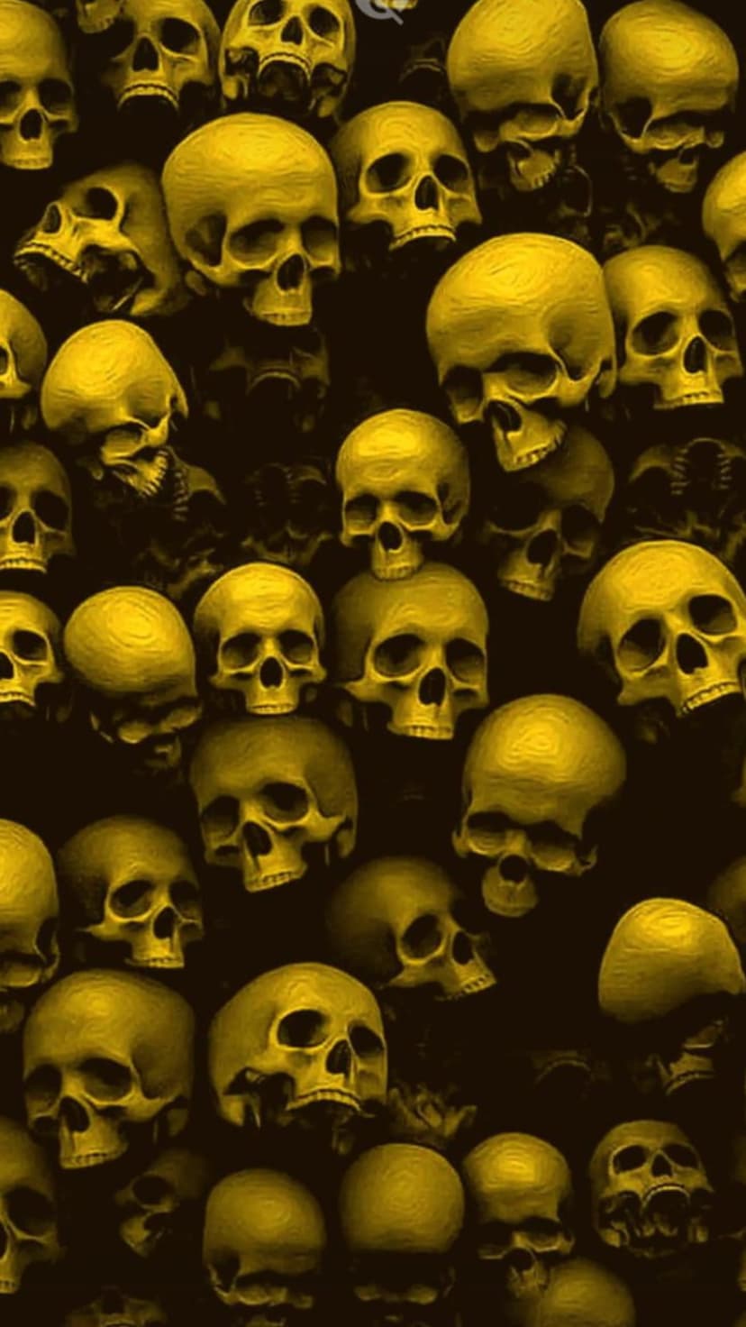 Yellow skulls in various sizes create a dense pattern against a dark, textured background with dramatic lighting.