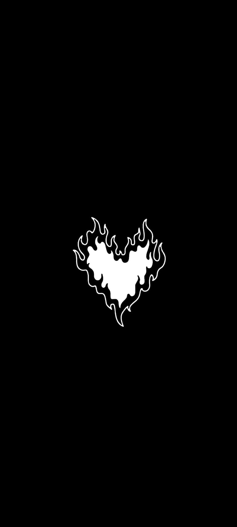 White heart silhouette with rising flames centered on a solid black background in a minimalist style.