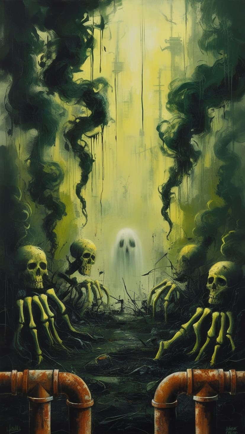 A glowing white ghost stands surrounded by skeletal hands rising from the ground in a smoggy industrial setting.