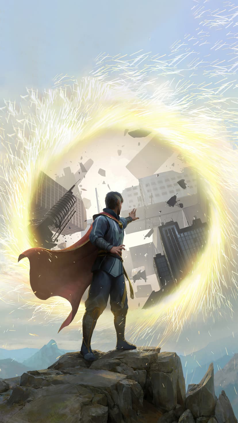 Doctor Strange stands on rocks conjuring a glowing yellow portal that reveals a floating city in the background.