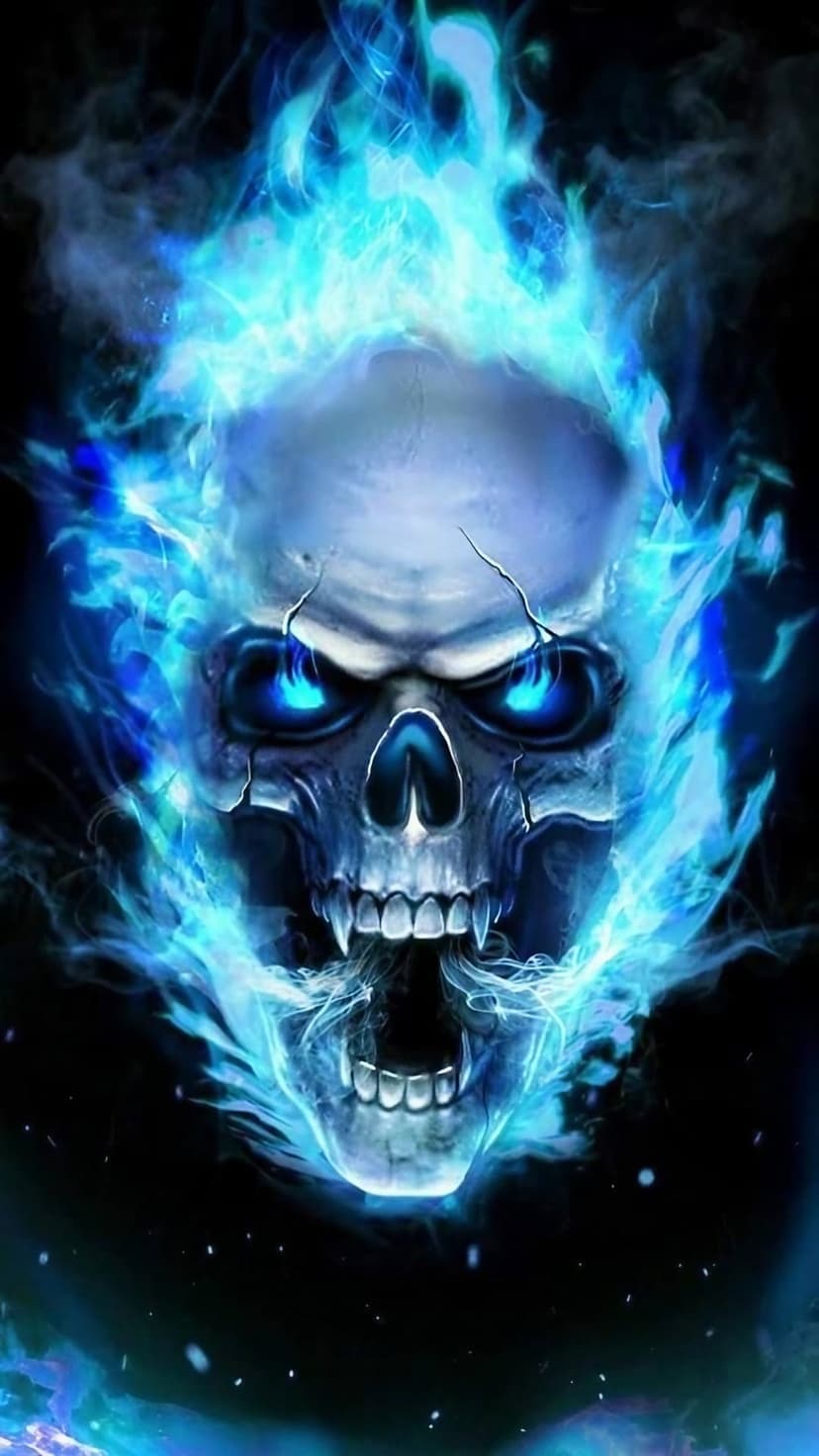 Human skull engulfed in vibrant blue flames with glowing eyes and sharp teeth against a solid black background.