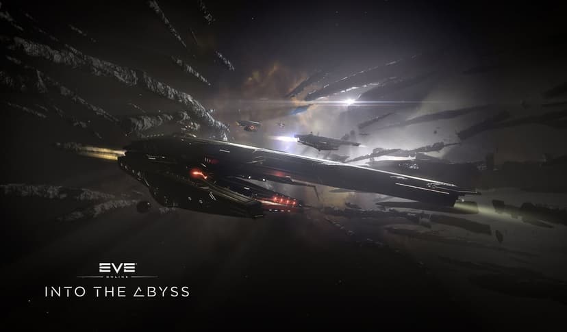 Dark Triglavian spaceships with glowing red accents fly through a jagged asteroid field in deep space.