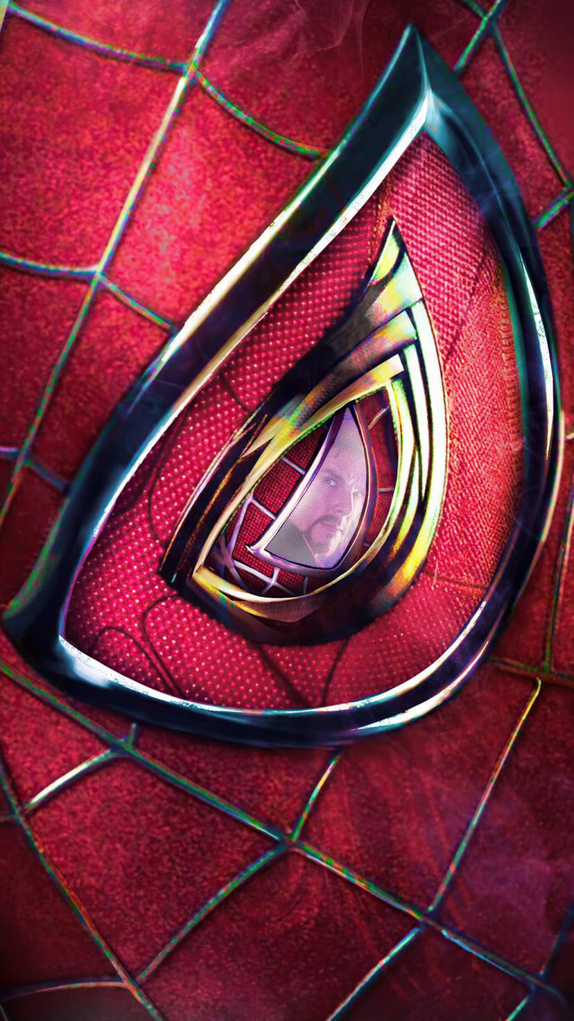 Spider-Man's red mask and white eye lens reflecting the face of Doctor Strange with sharp cinematic detail.