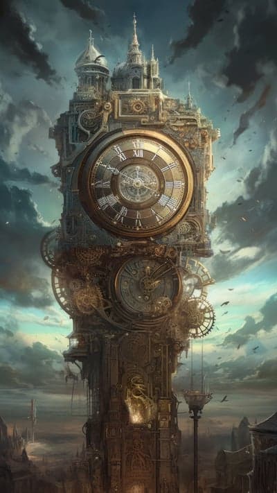 Steampunk Clock Tower Cityscape Fantasy Art