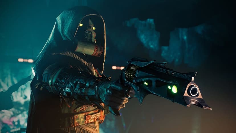 Hooded hunter in a gas mask aims a glowing jagged hand cannon in a dark teal-lit sci-fi environment.