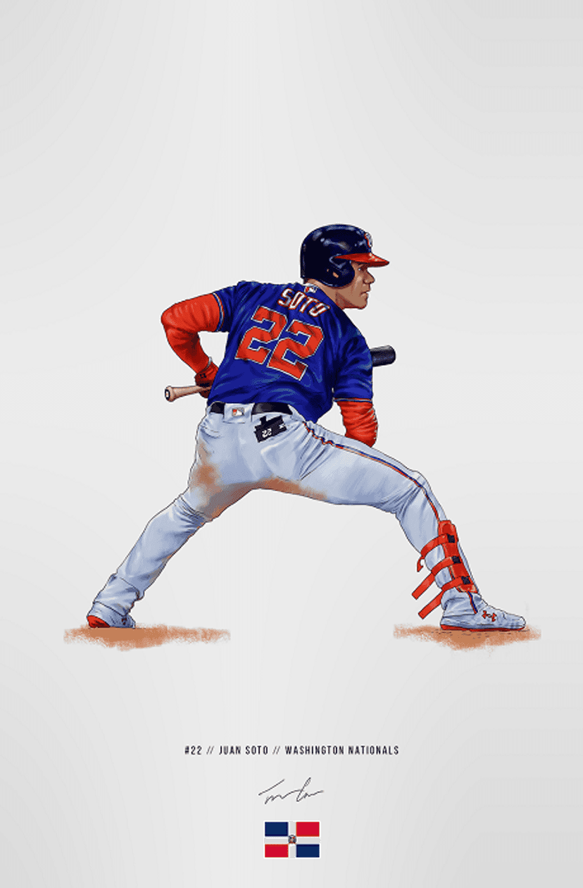 Juan Soto in his Washington Nationals jersey maintains a wide-legged batting stance on a white background.