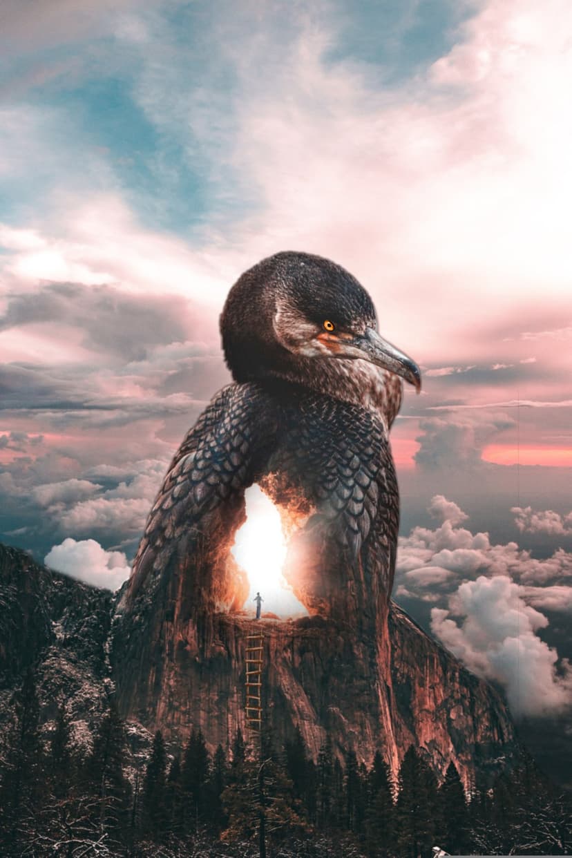 Solitary figure climbs a ladder toward a radiant cave opening inside a massive bird-shaped mountain at sunset.