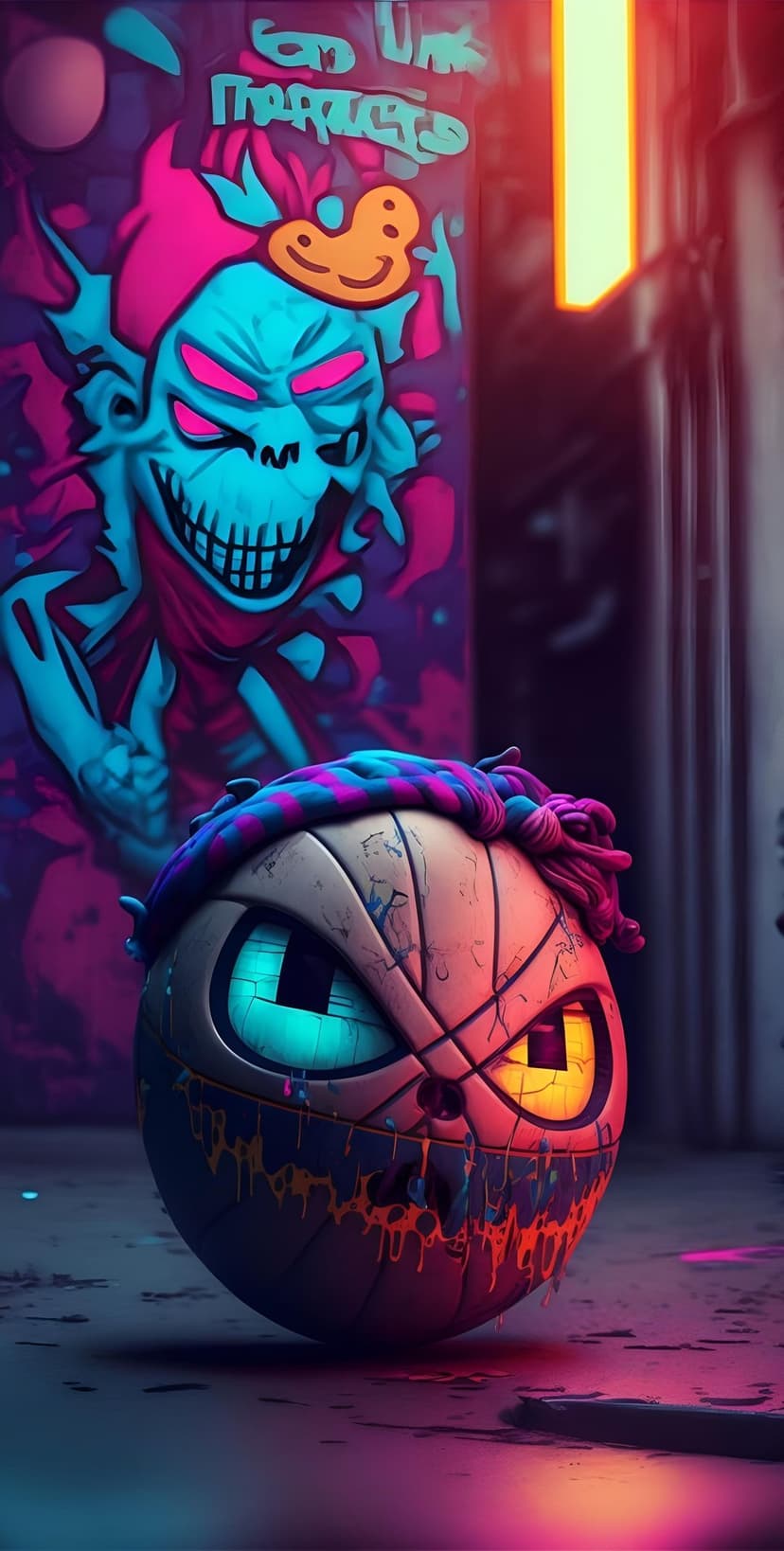 Menacing basketball player with glowing eyes stands before a blue monster mural in a dark neon urban setting.