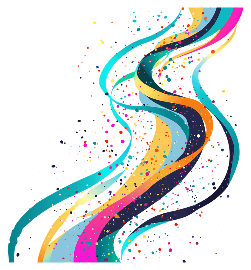 Vibrant abstract waves featuring layered rainbow gradients and translucent flowing curves with transparency.