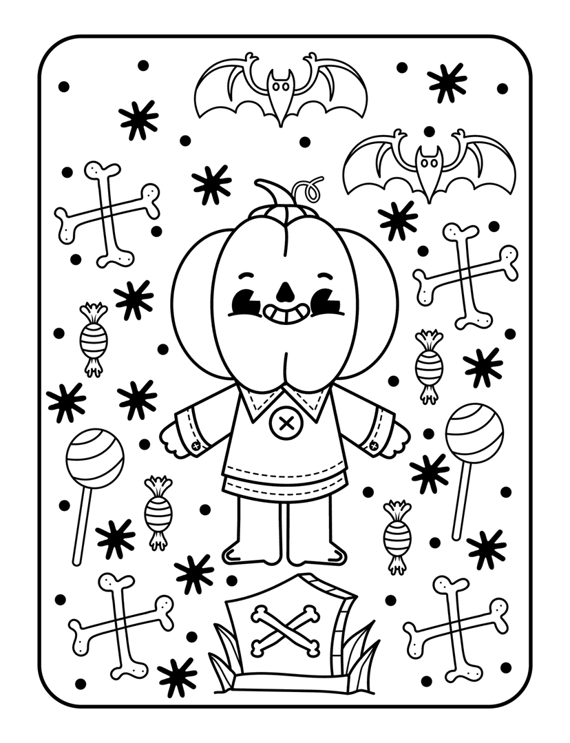 Halloween pumpkin coloring page showing a character with bats and stars in black and white line art style.