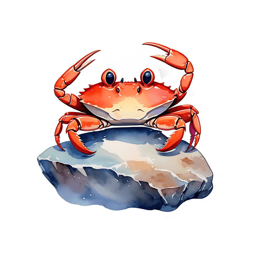 Watercolor crab sticker with large glossy blue eyes sits on a blue-gray rock against a black background.