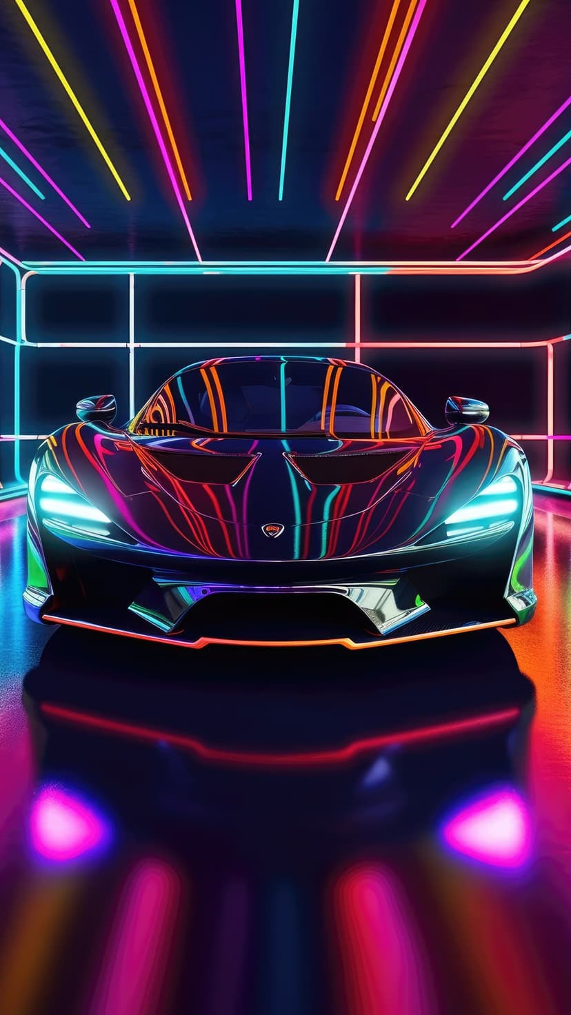 McLaren supercar with glowing headlights reflects pink and orange neon lights in a dark, high-tech garage bay.