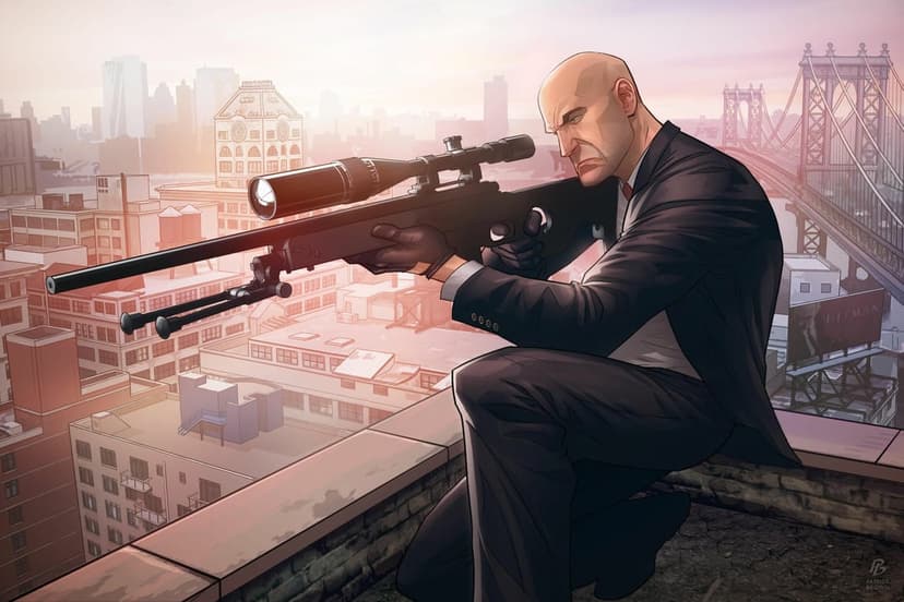 Agent 47 crouched on a rooftop aiming a sniper rifle against a hazy city sunset and suspension bridge.