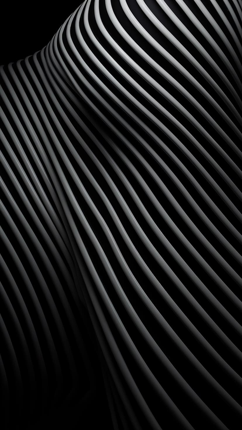 Parallel black and white curved stripes flow vertically with soft shadows creating a 3D undulating effect.