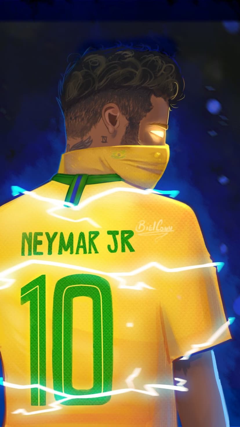 Neymar Jr wears a yellow Brazil number 10 jersey with glowing blue lightning bolts crackling around his torso.