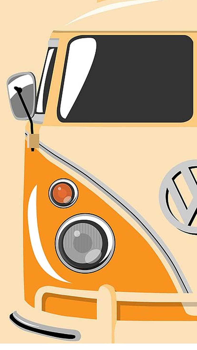 Orange and cream vintage Volkswagen bus front with round headlights, side mirrors, and a chrome logo.