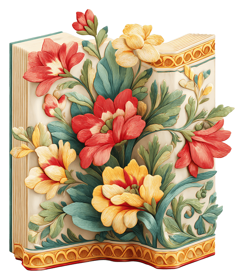 Botanical floral book graphic featuring intricate flower petals and vintage paper texture on a white background.